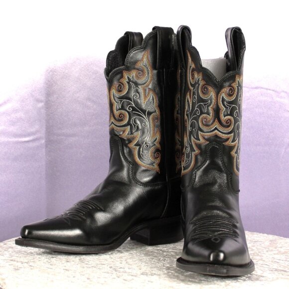 Justin Boots Shoes - Justin Black Leather Western Cowboy Boots Embroidered Size 7.5